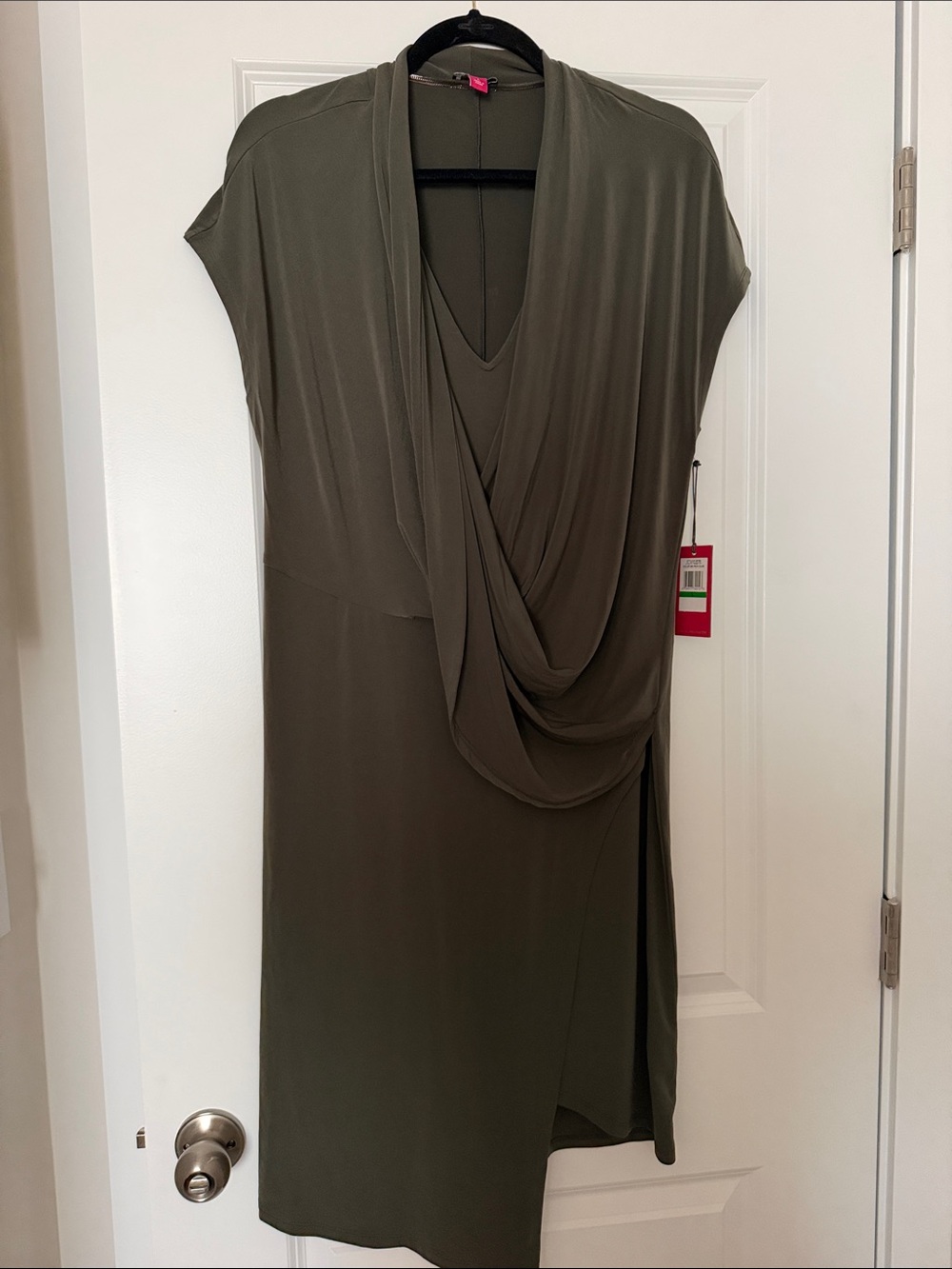 Vince Camuto Olive Green Draped V-Neck Midi Dress
